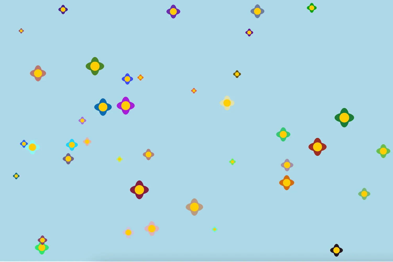 A preview of the interactive flower garden with flowers appearing on a light blue canvas as a user clicks with their mouse pointer.