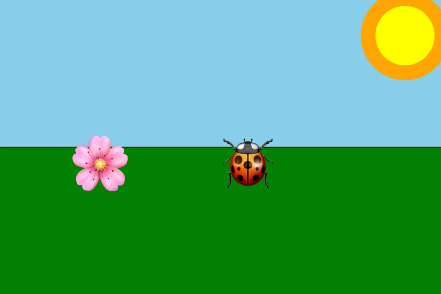 A preview of the interactive landscape project showing a ladybug and flower emoji in front of a simple landscape background.