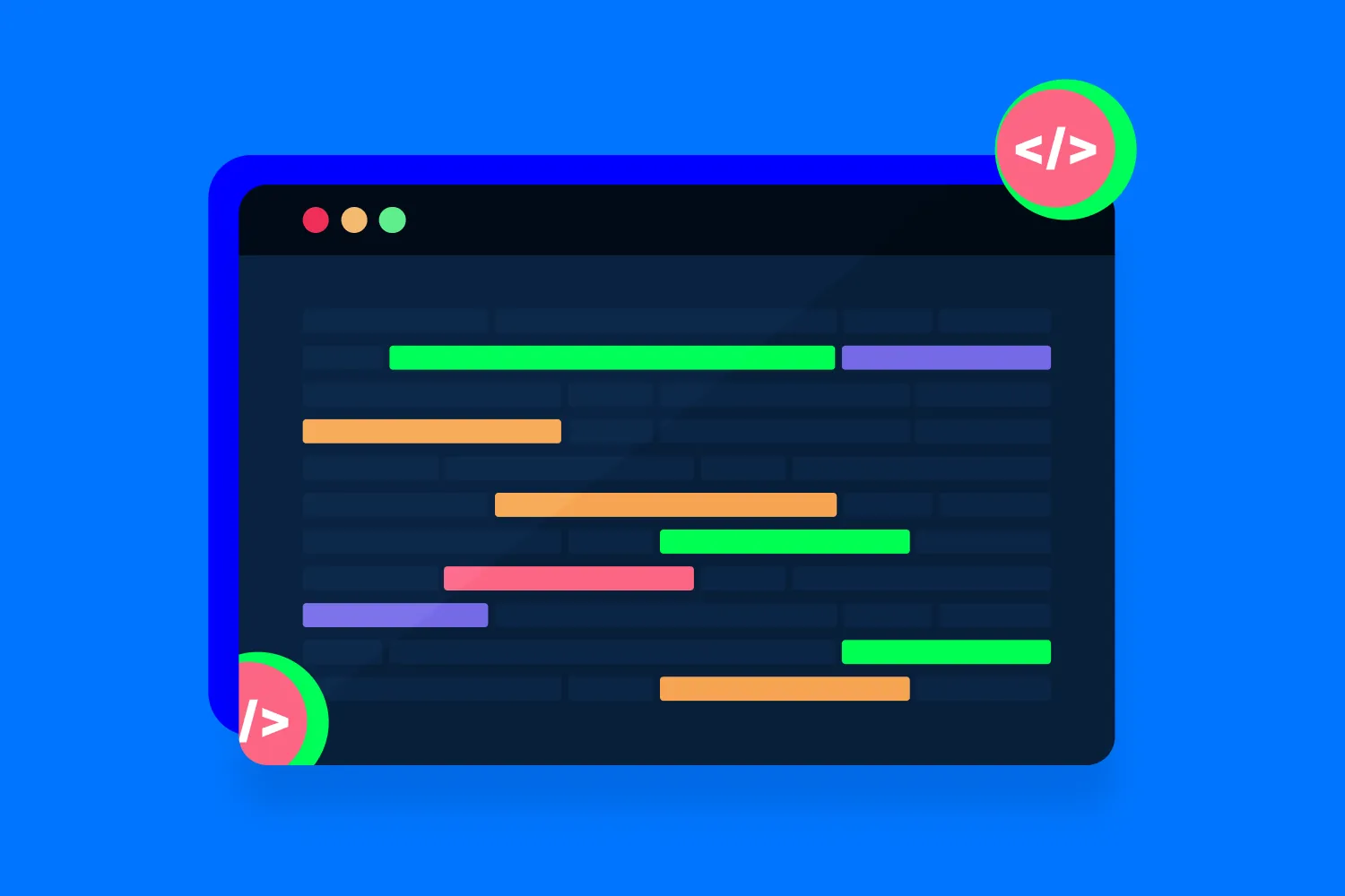 A graphic illustration of a code editor with colorful lines that suggest syntax highlighting code. Two floating circles resembling HTML tags surround the editor.