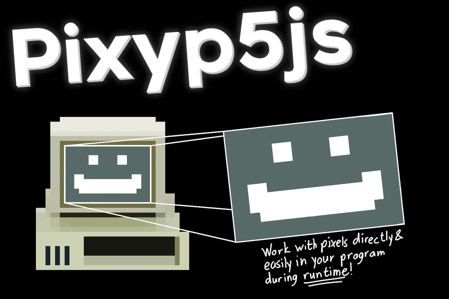 The name "Pixyp5js" written on the top an image of a pixel art computer with a smile as its screen and a projection of its face meant to demonstrate that the library is meant for easily modifying pixels during runtime