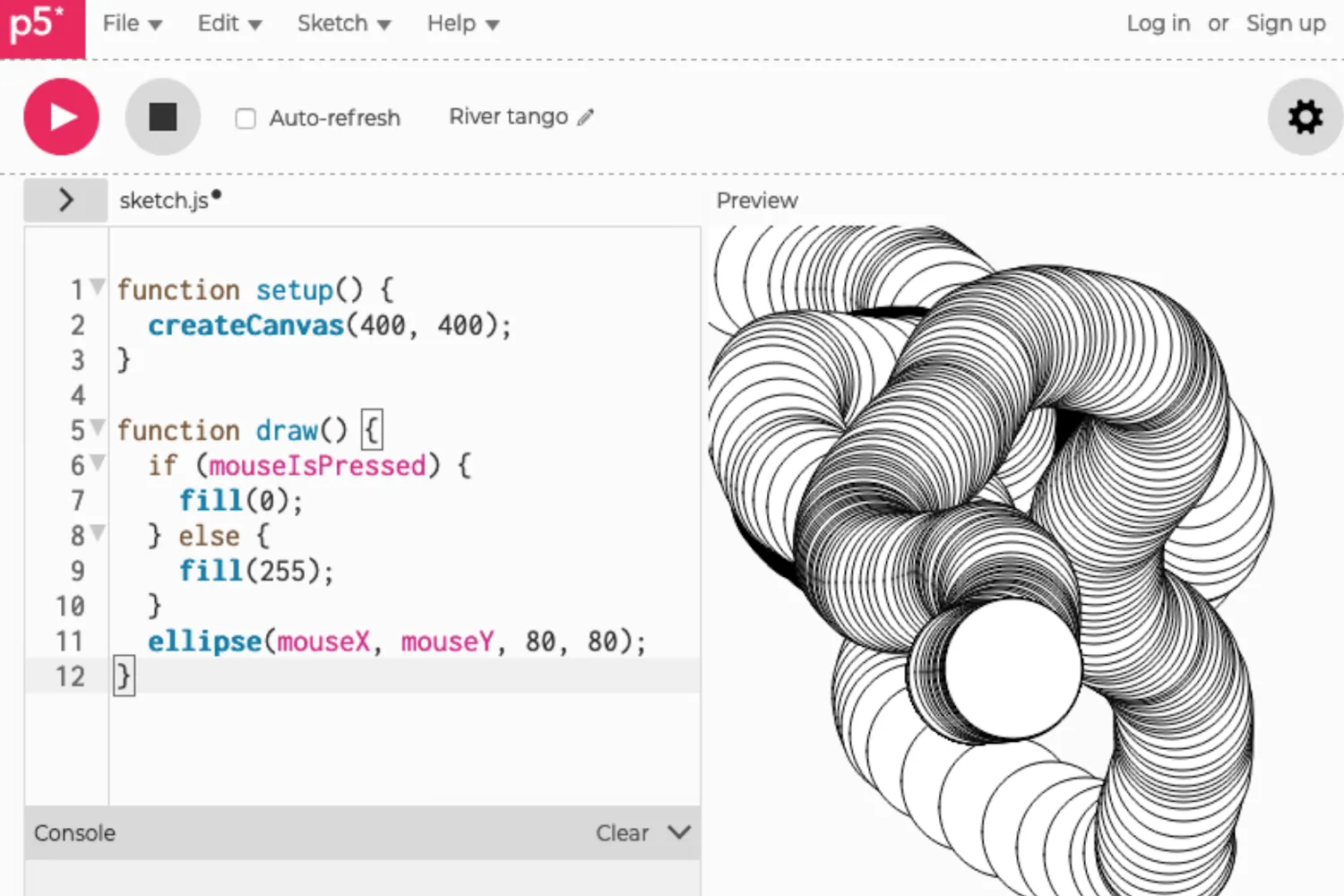 An interactive sketch in the p5.js Web Editor draws circles on the canvas as the mouse pointer moves.