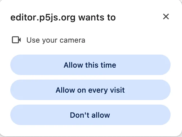 The modal Chrome shows when p5.js requests camera access. It says, "editor.p5js.org wants to use your camera" followed by buttons labelled "Allow this time," "Allow on every visit," and "Don't allow"