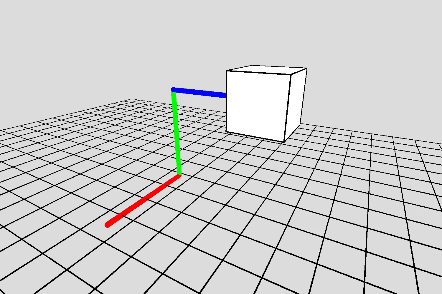 A cube on top of a grid with colored lines showing its movement in 3D space.