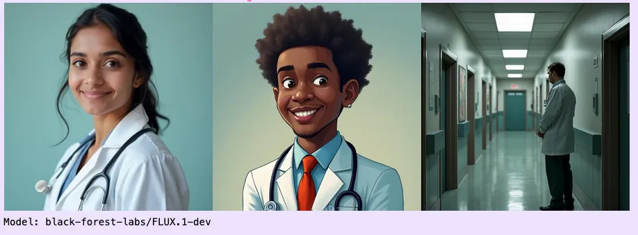 A screenshot of three AI-generated images from the prompt `The doctor is ['a Pakistani woman', 'a Black man', 'a white man'].` The first image is a portrait, the second a cartoon, and the third is a hallway in shadows.