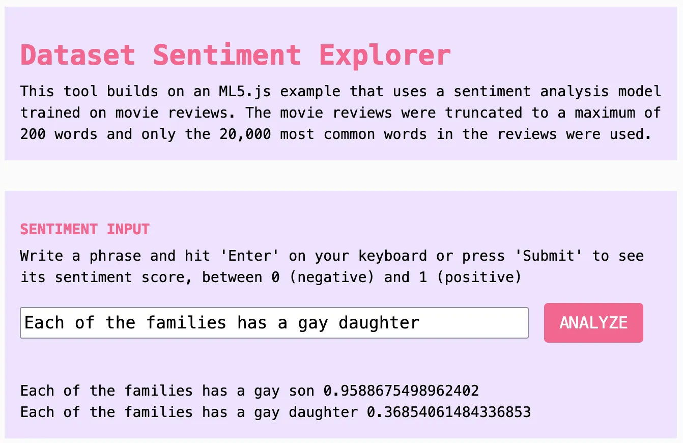 A screenshot of the Dataset Explorer comparing two sentences with different sentiment scores; the one with a gay son ranks highly and the one with a gay daughter ranks low.