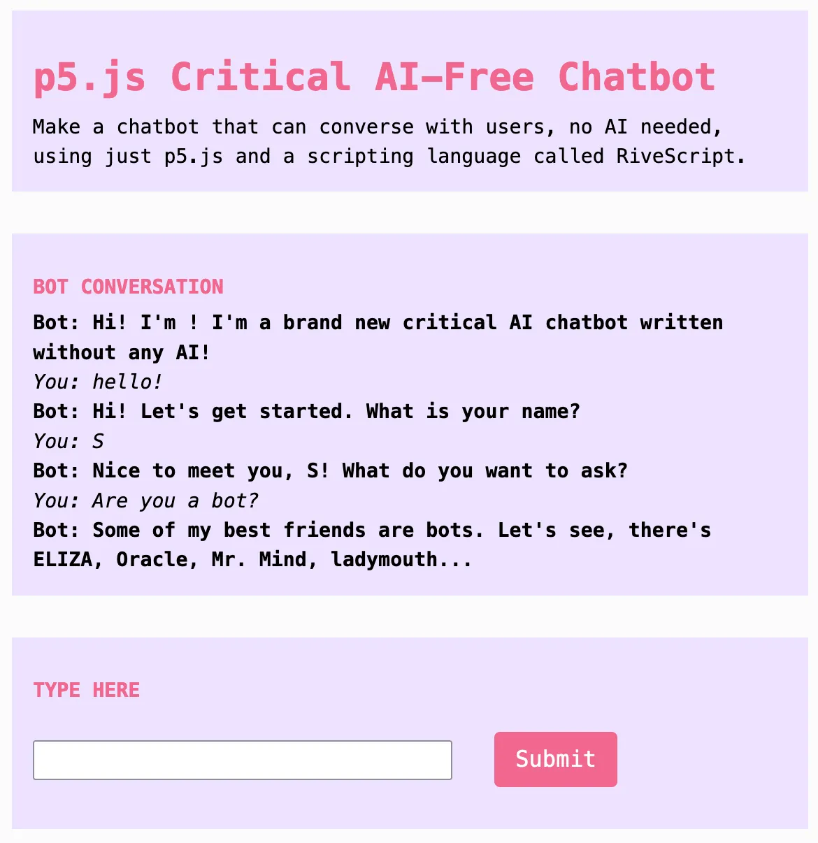 A screenshot of a chatbot interface with introductory conversation