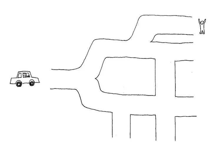 A black-and-white illustration of a car facing a road with many turns and exits. A person waves at one of the road's exits.