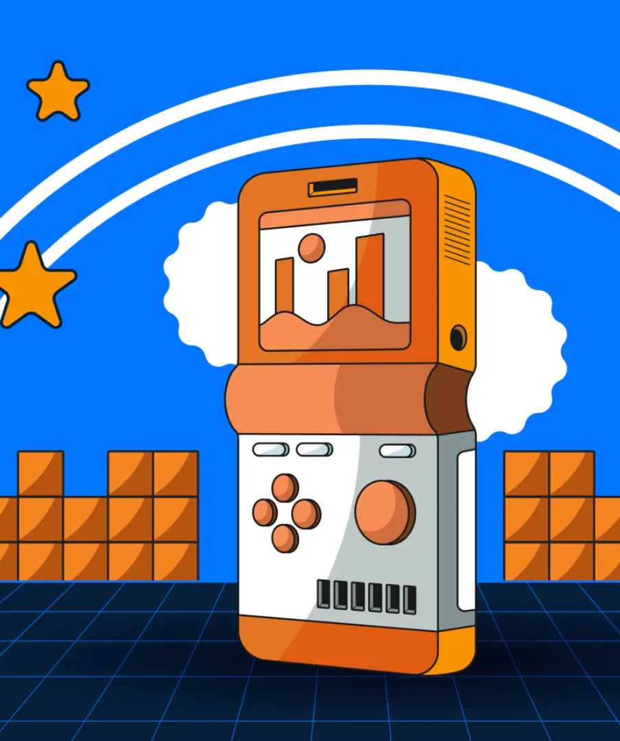 A retro handheld gaming device, positioned at the center of the screen. It has a simple landscape on its screen. The device is set against a bright blue background with white motion arcs resembling a rainbow and stylized stars. Blocky brown platforms on either side and a checkered floor complete the nostalgic video game scene.