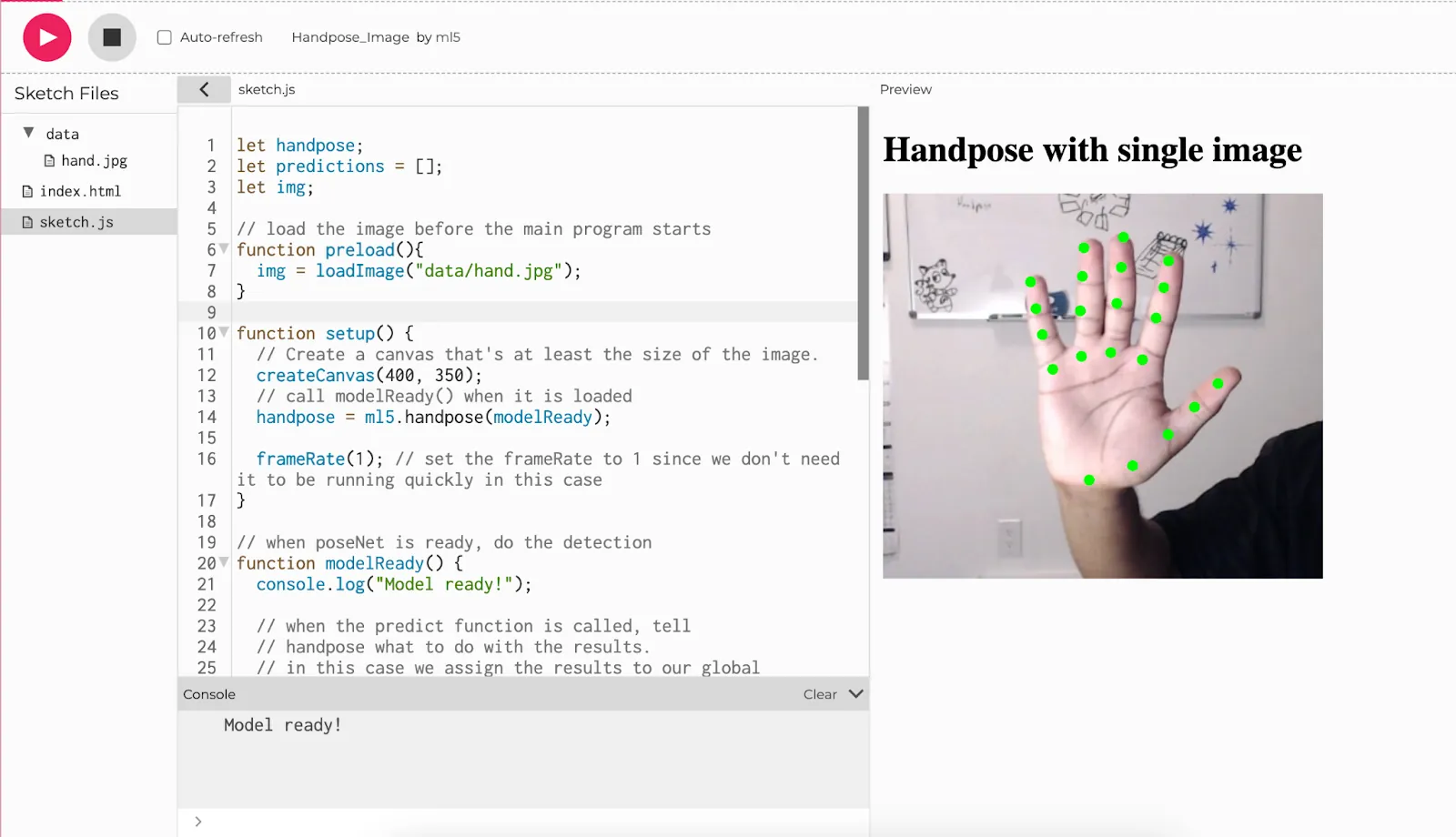 The ml5.js Handpose_Image code running in the p5.js Web Editor. An image of a hand is shown on the canvas with green dots on various points along each finger and palm. The text Handpose with single image is displayed above the canvas.