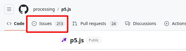 A cropped screenshot of the p5.js library GitHub repository, only showing contents of the top right corner. A red box is drawn on top of the screenshot surrounding the Issues tab.