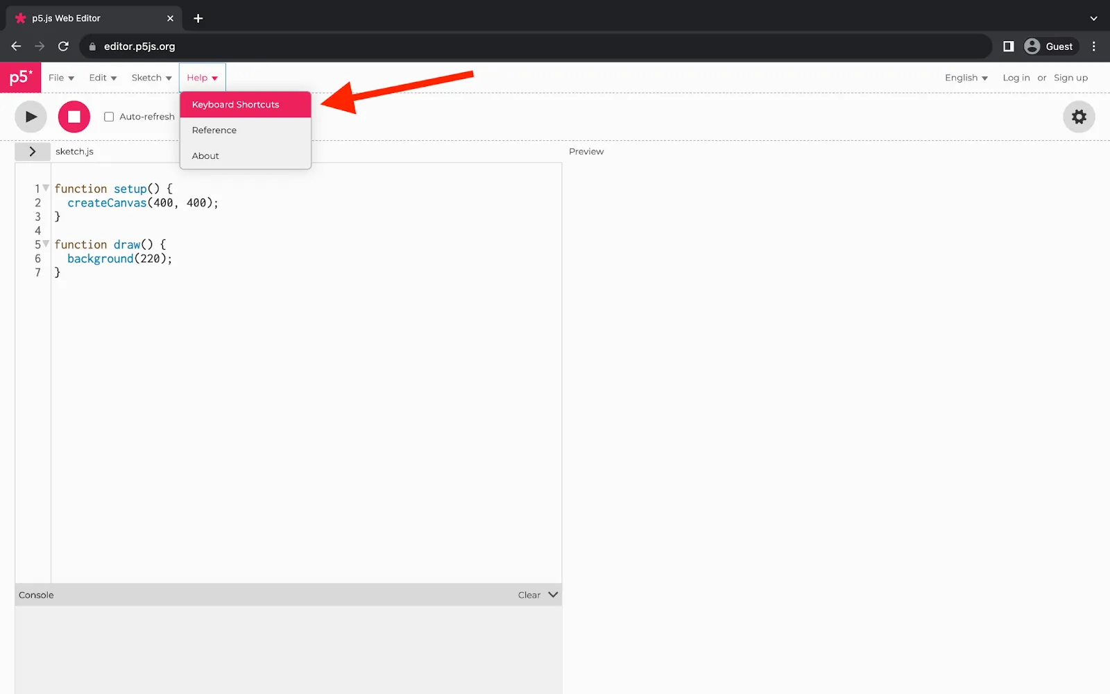 A web browser displaying the p5.js Web Editor. The ‘Help’ dropdown menu is open and its ‘Keyboard Shortcuts’ menu item is selected. A red arrow points to ‘Keyboard Shortcuts.’