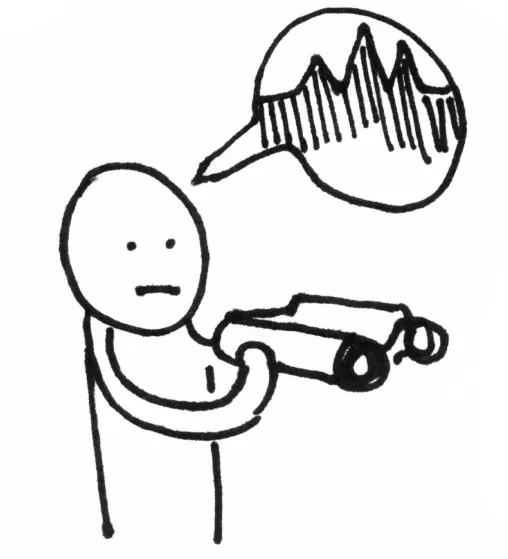 A black-and-white cartoon illustration of a person holding binoculars, with a speech bubble above their head containing a fluctuating line chart.