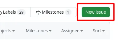 Cropped screenshot of the GitHub repository's issue page with the green "New issue" button highlighted with a red box surrounding it.