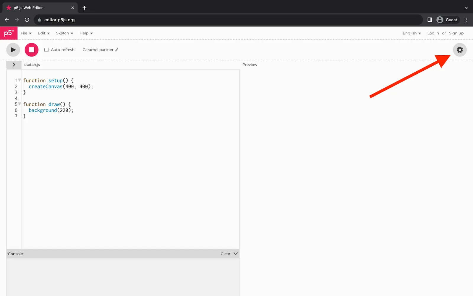 A web browser displaying the p5.js Web Editor. A red arrow points to a gear icon at the top left of the web page.