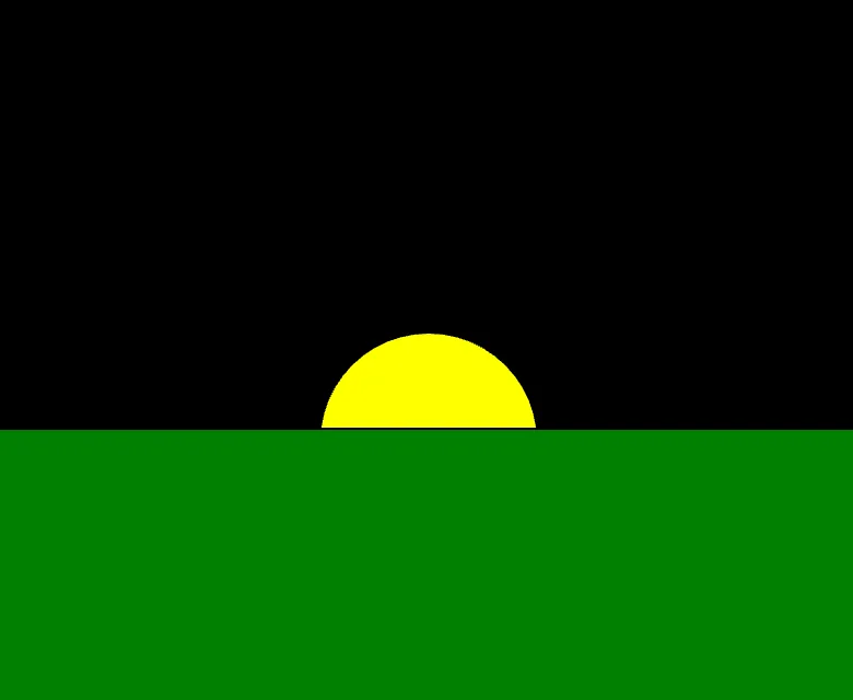 The top half of a yellow circle peaks out behind a green rectangle on a black canvas.