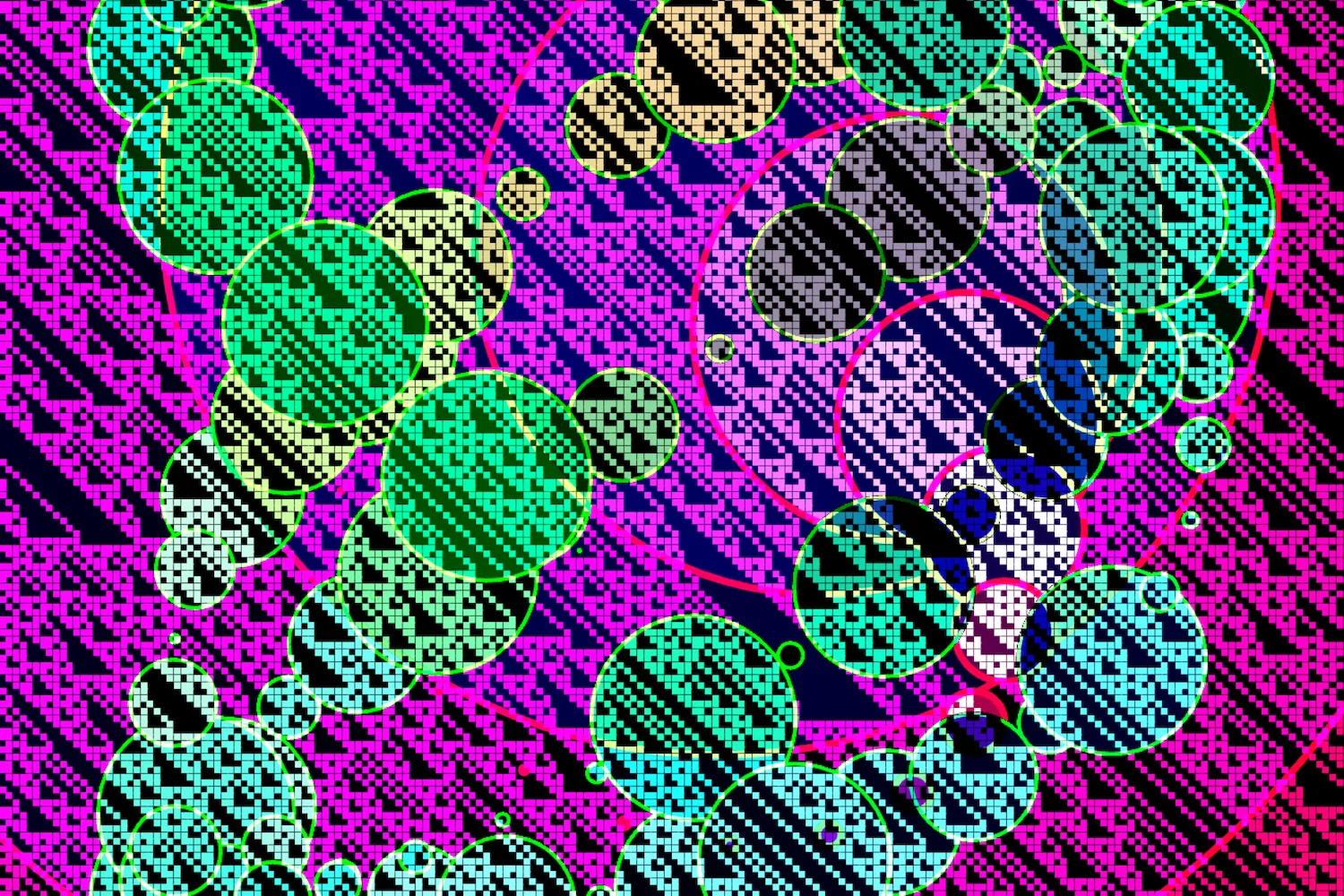 A colorful image of circles and squares generated with procedural functions like a cellular automaton, fibonacci sequence and drunk randomness from this library.